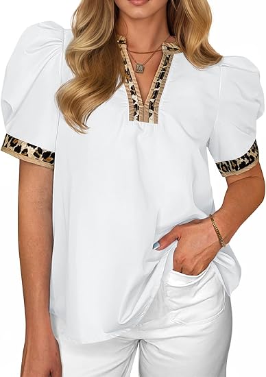 Women's puff-sleeved leopard print V-neck color-blocked shirt(BUY 2 FREE SHIPPING)
