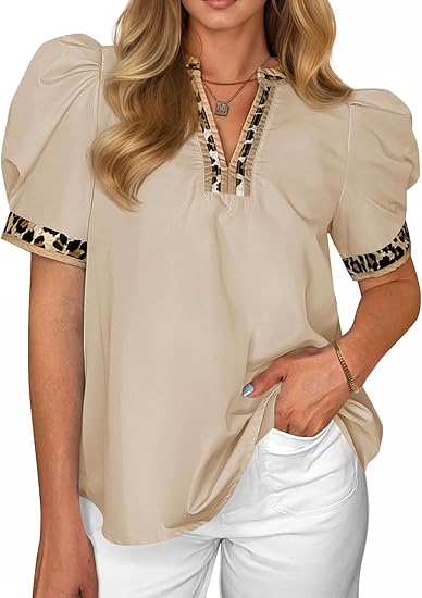 Women's puff-sleeved leopard print V-neck color-blocked shirt(BUY 2 FREE SHIPPING)