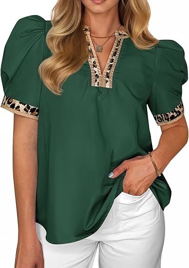 Women's puff-sleeved leopard print V-neck color-blocked shirt(BUY 2 FREE SHIPPING)