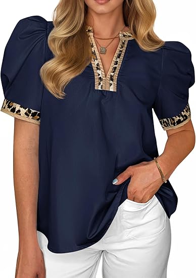 Women's puff-sleeved leopard print V-neck color-blocked shirt(BUY 2 FREE SHIPPING)