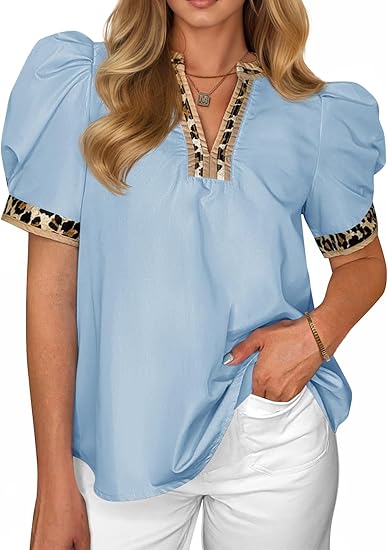 Women's puff-sleeved leopard print V-neck color-blocked shirt(BUY 2 FREE SHIPPING)