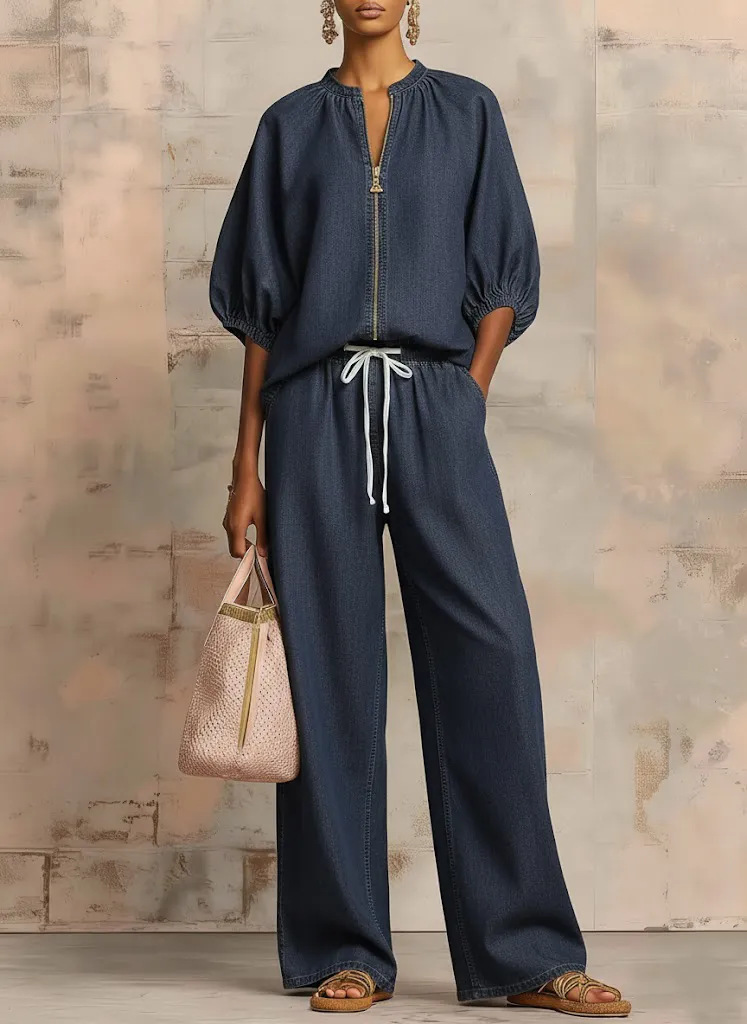 Casual Loose Solid Color Zipper Round Neck Wide-Leg Pants Set