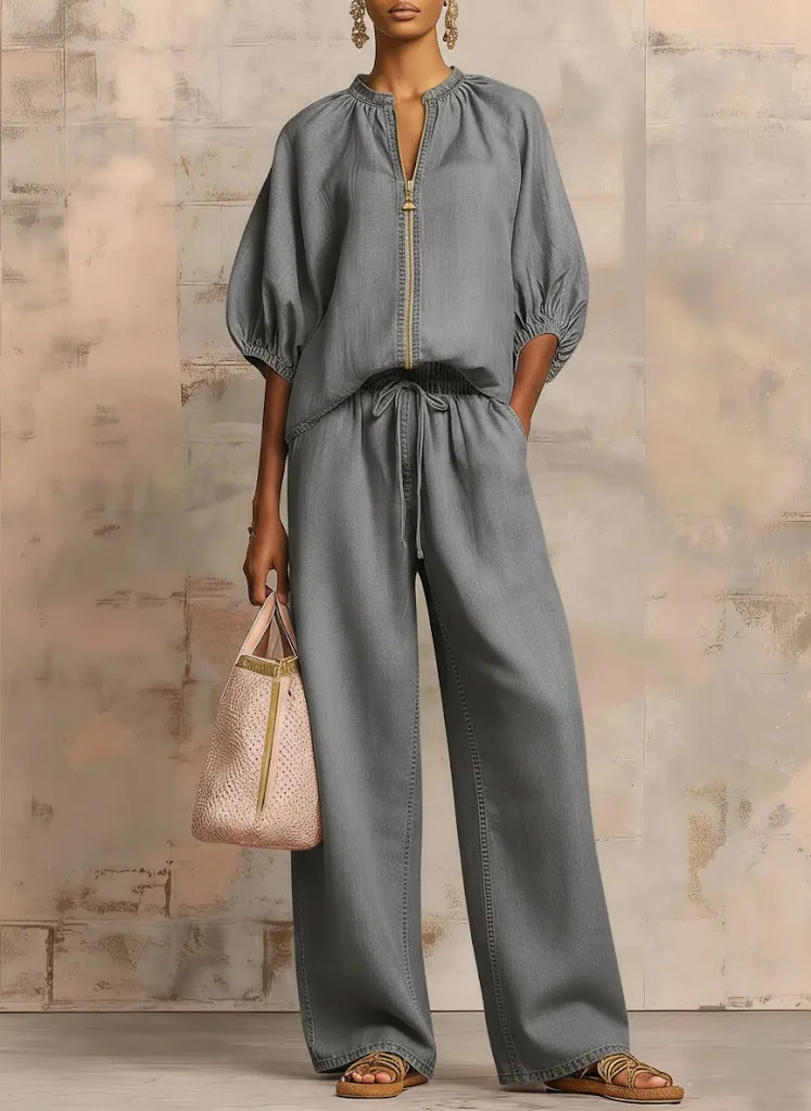 Casual Loose Solid Color Zipper Round Neck Wide-Leg Pants Set