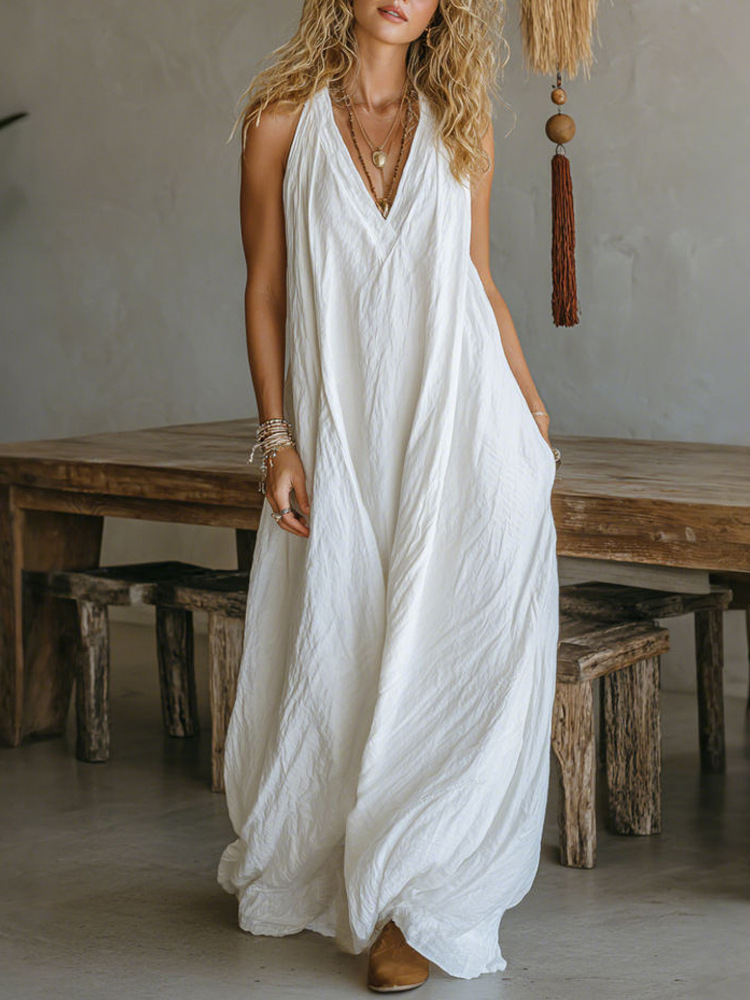 Solid color loose V-neck sleeveless casual long dress