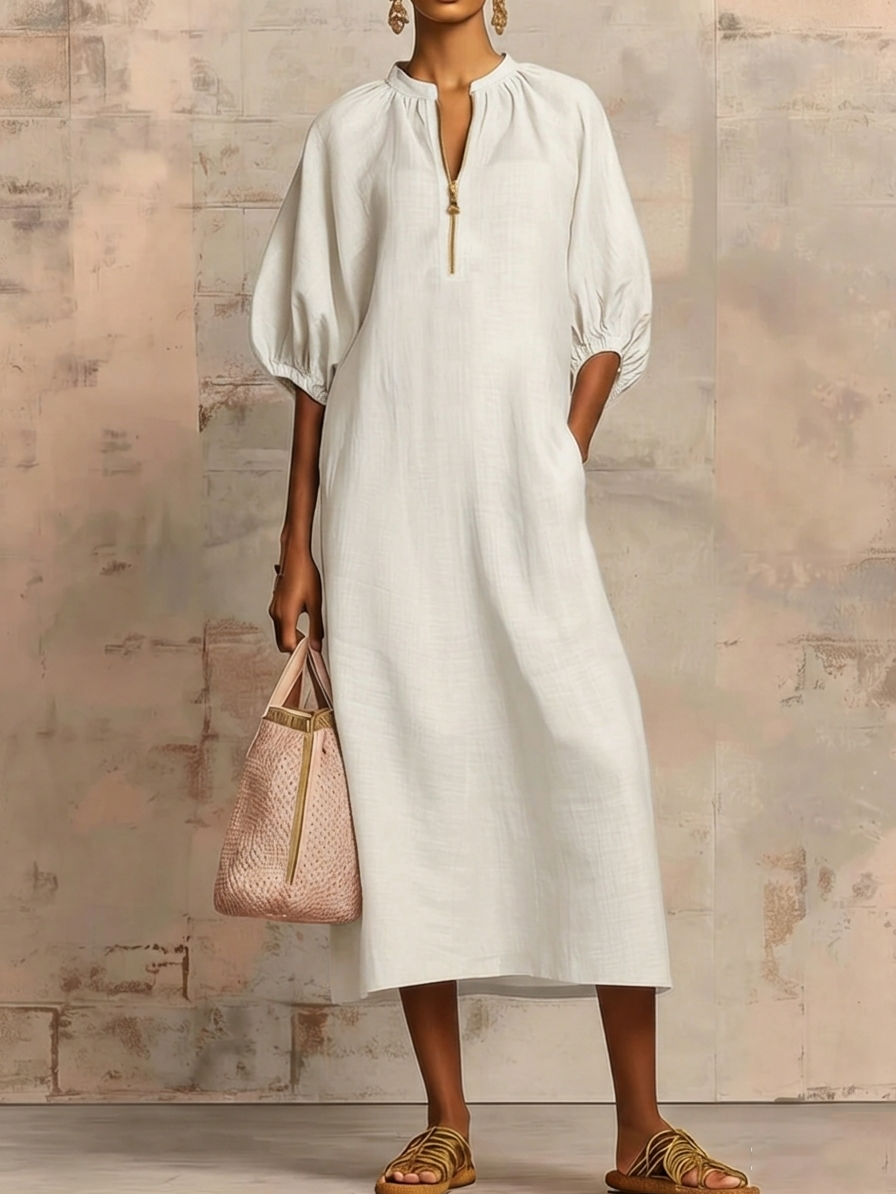 Solid color cotton linen loose casual puff sleeve dress for women