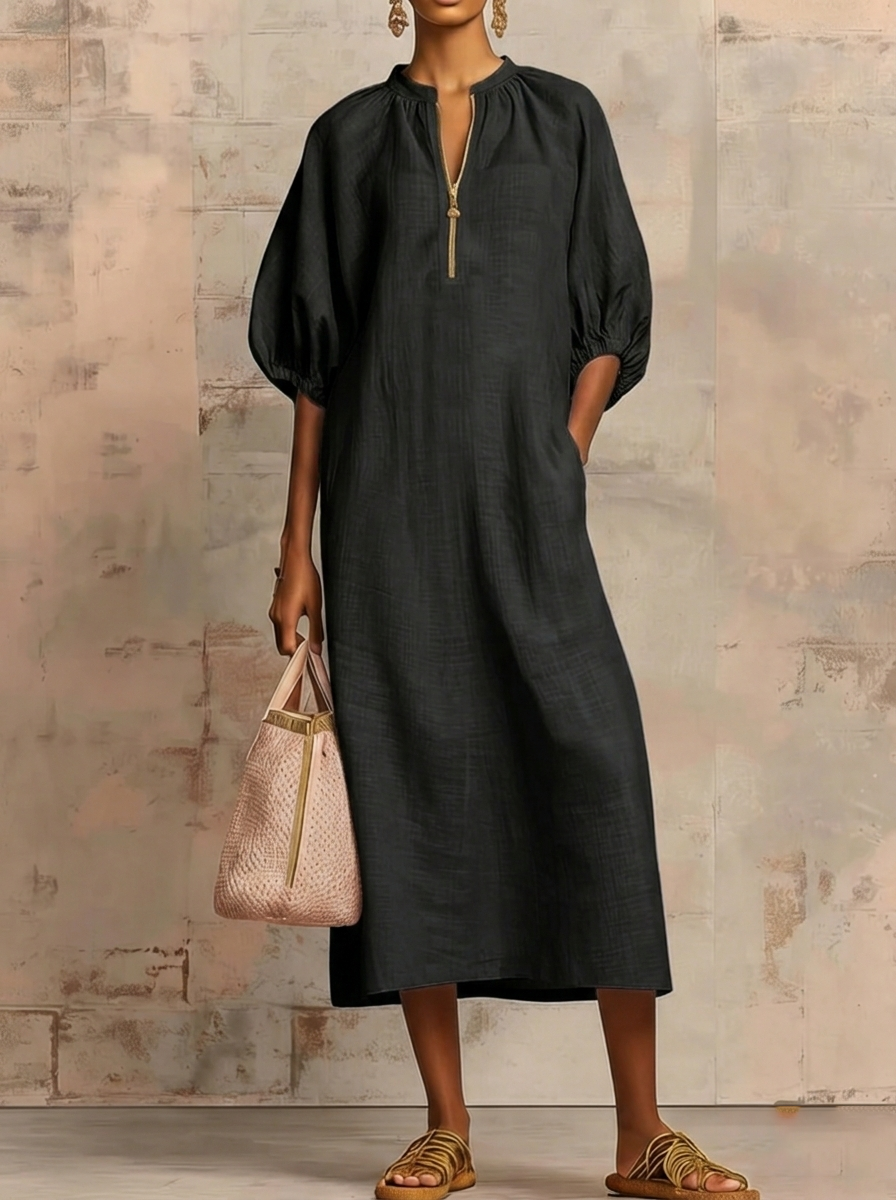 Solid color cotton linen loose casual puff sleeve dress for women