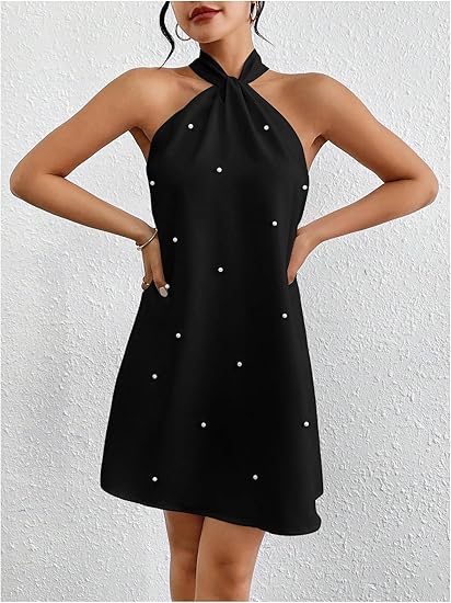 Women's Pearl Beaded Backless Twisted Sleeveless Tie-Waist A-line Dress