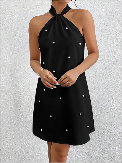 Women's Pearl Beaded Backless Twisted Sleeveless Tie-Waist A-line Dress