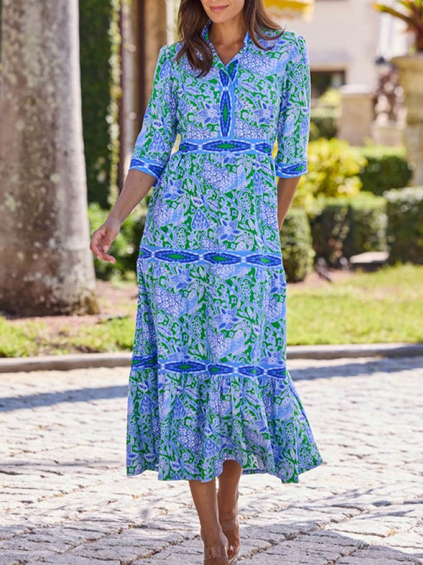 Bohemian Paisley Print Tiered 3/4 Sleeve Midi Shirt Dress