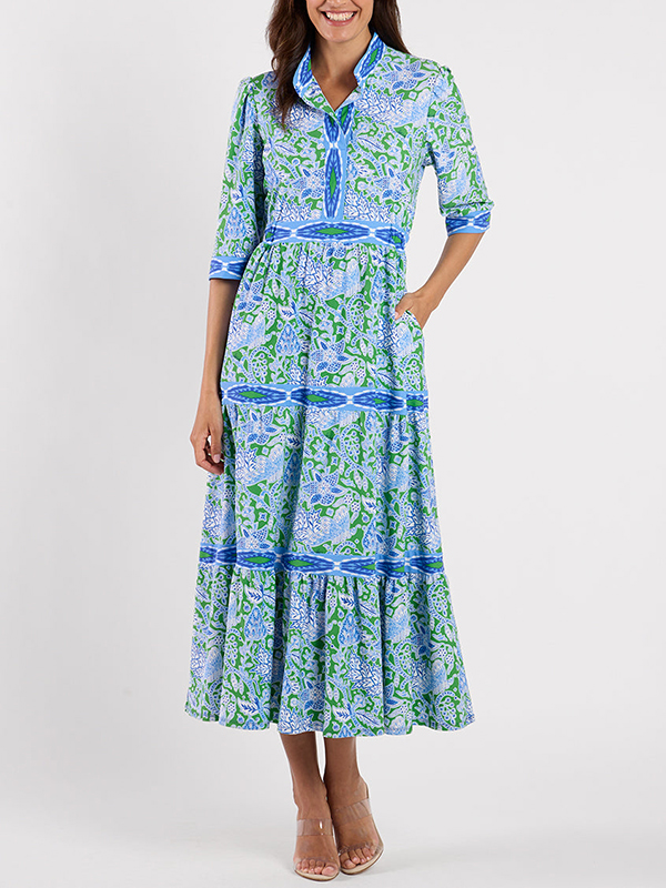 Bohemian Paisley Print Tiered 3/4 Sleeve Midi Shirt Dress