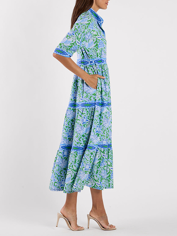 Bohemian Paisley Print Tiered 3/4 Sleeve Midi Shirt Dress