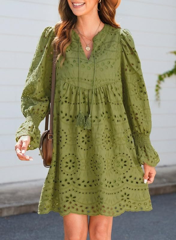 ✨Womens V Neck Long Sleeve Hollow Out Lace Ruffle Dresses(Buy 2 Free Shipping)