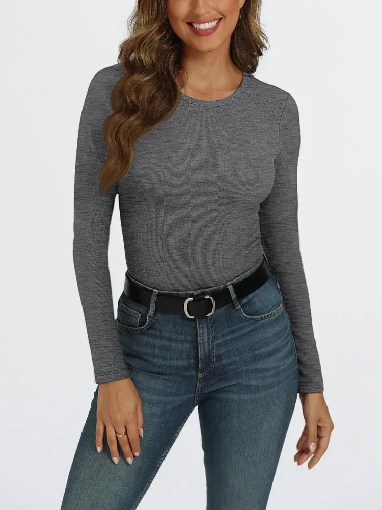 🔥HOT SALE🔥Women's Long Sleeve Stretch Slim Round Neck Ribbed Basic Shirts (BUY 3 FREE SHIPPING)