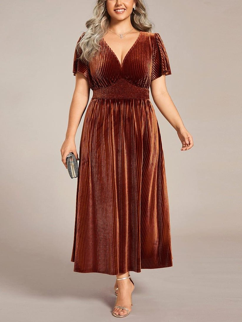 Women's V-Neck Short Sleeve Pleated Velvet Dress
