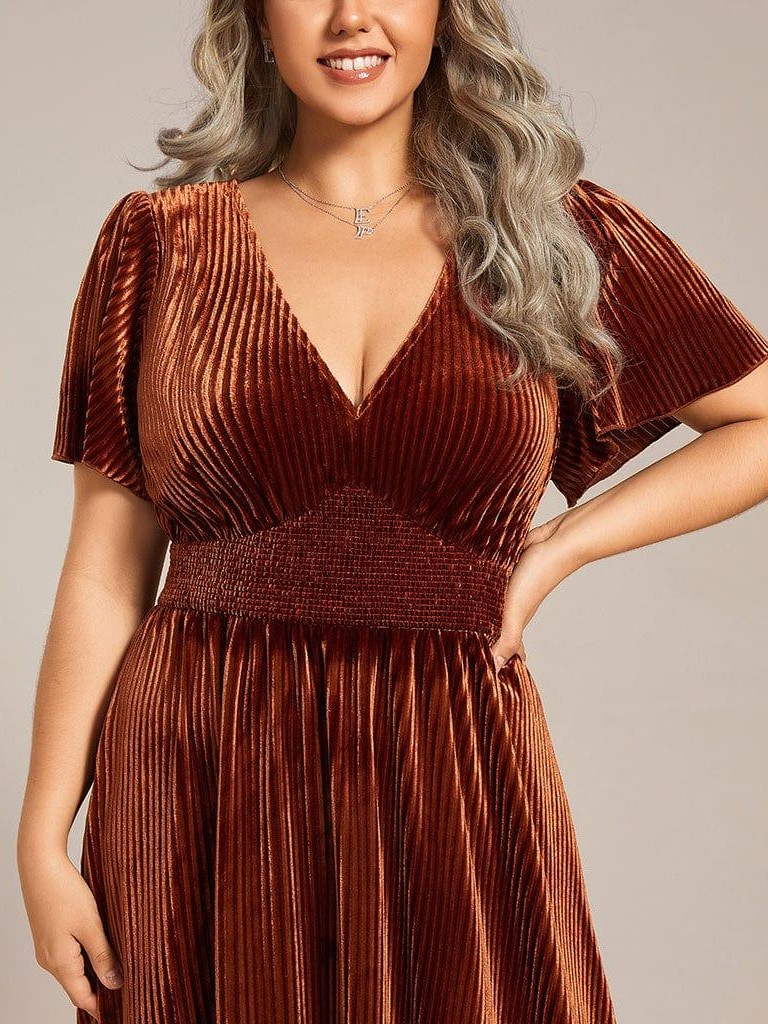 Women's V-Neck Short Sleeve Pleated Velvet Dress