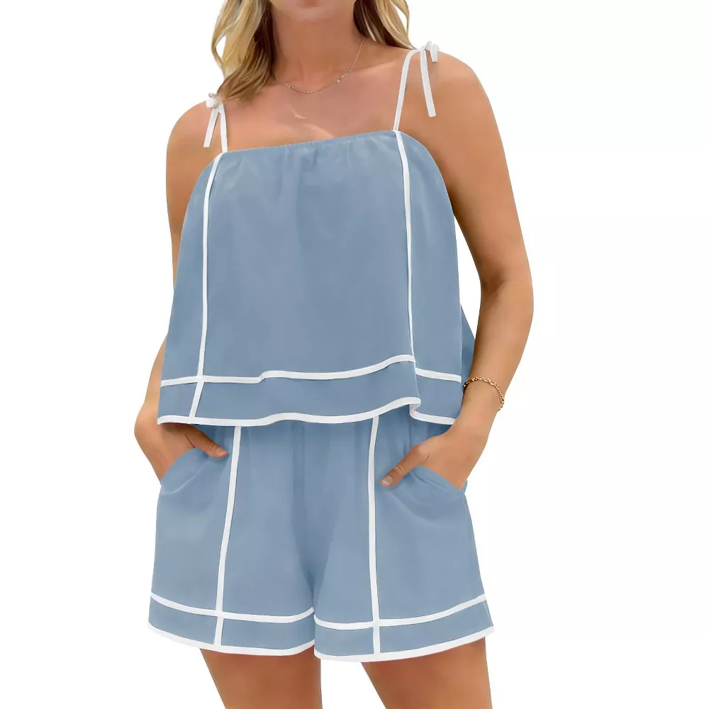 Women's Summer Striped Casual Shorts Set (With Pockets)