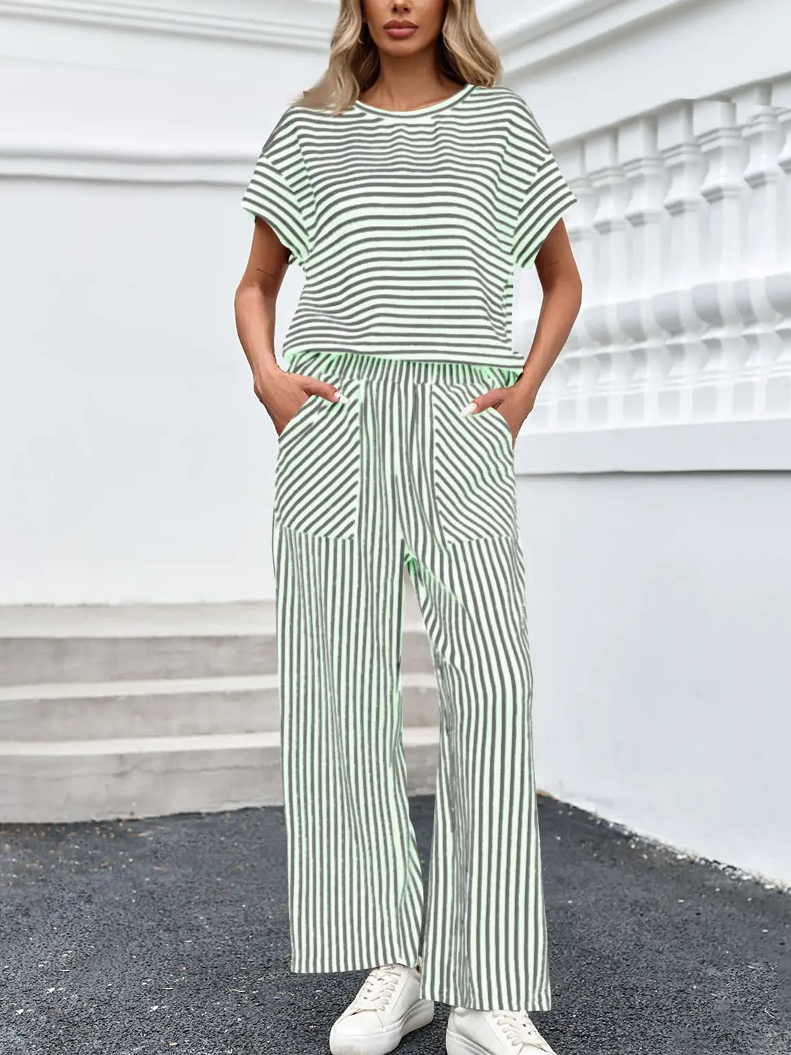 Striped Short Sleeve T-Shirts Wide Leg Pants Two Piece Set (Buy 2 Free Shipping)