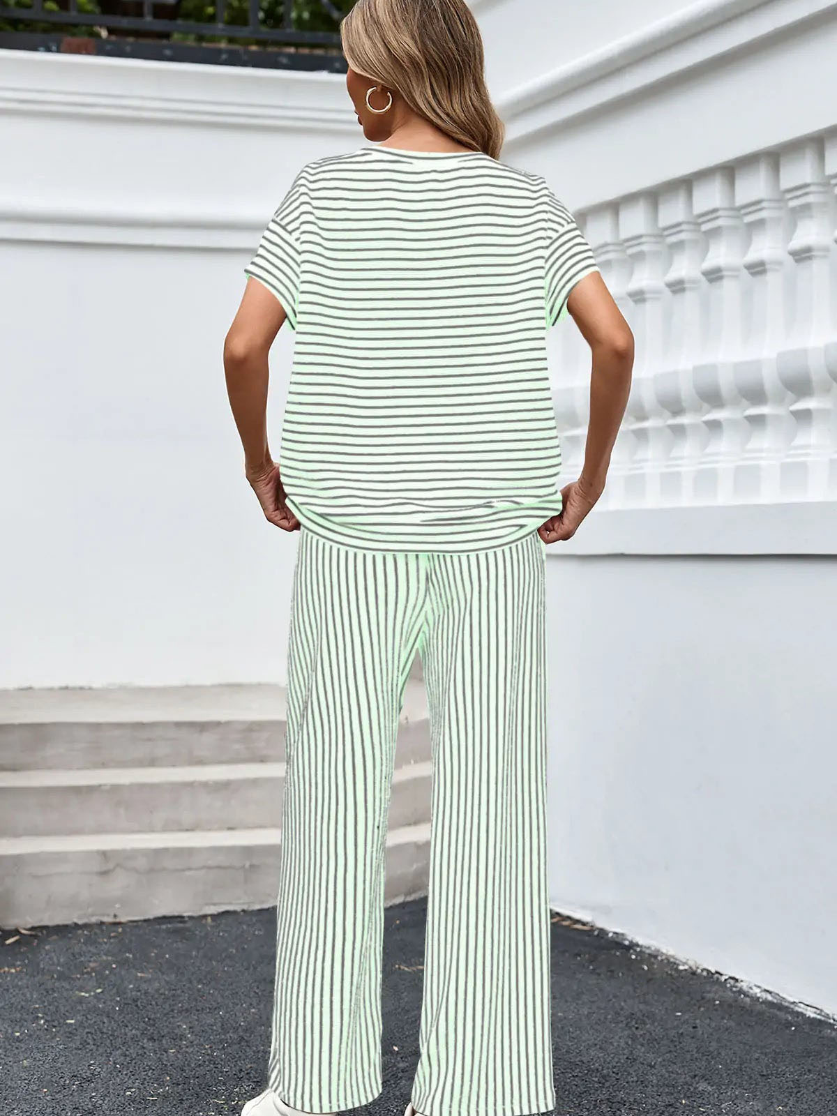 Striped Short Sleeve T-Shirts Wide Leg Pants Two Piece Set (Buy 2 Free Shipping)