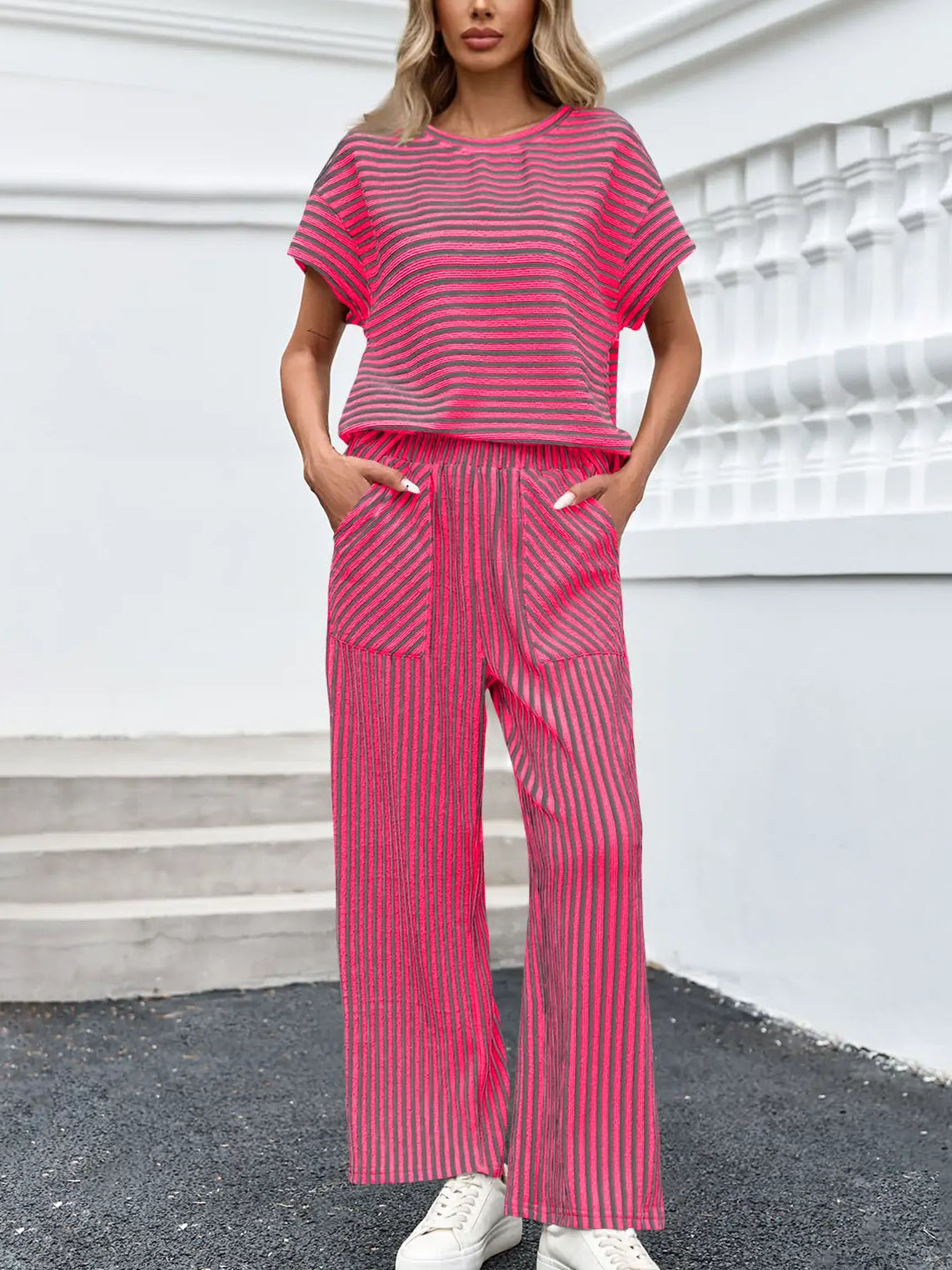 Striped Short Sleeve T-Shirts Wide Leg Pants Two Piece Set (Buy 2 Free Shipping)