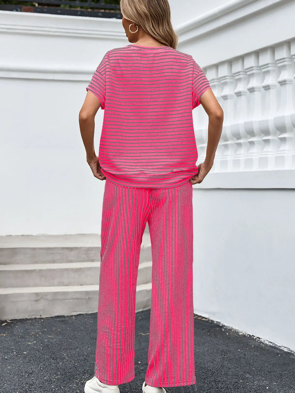 Striped Short Sleeve T-Shirts Wide Leg Pants Two Piece Set (Buy 2 Free Shipping)