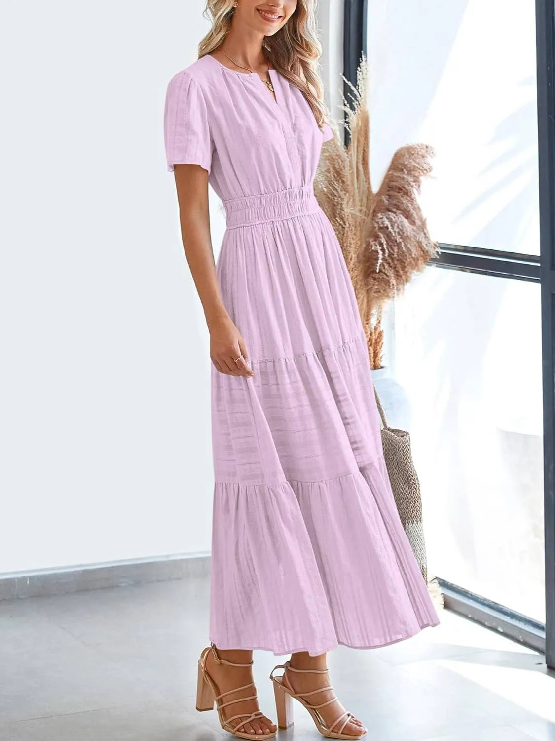 Women's Lightweight Short Sleeve V Neck Elastic Waist Dresses