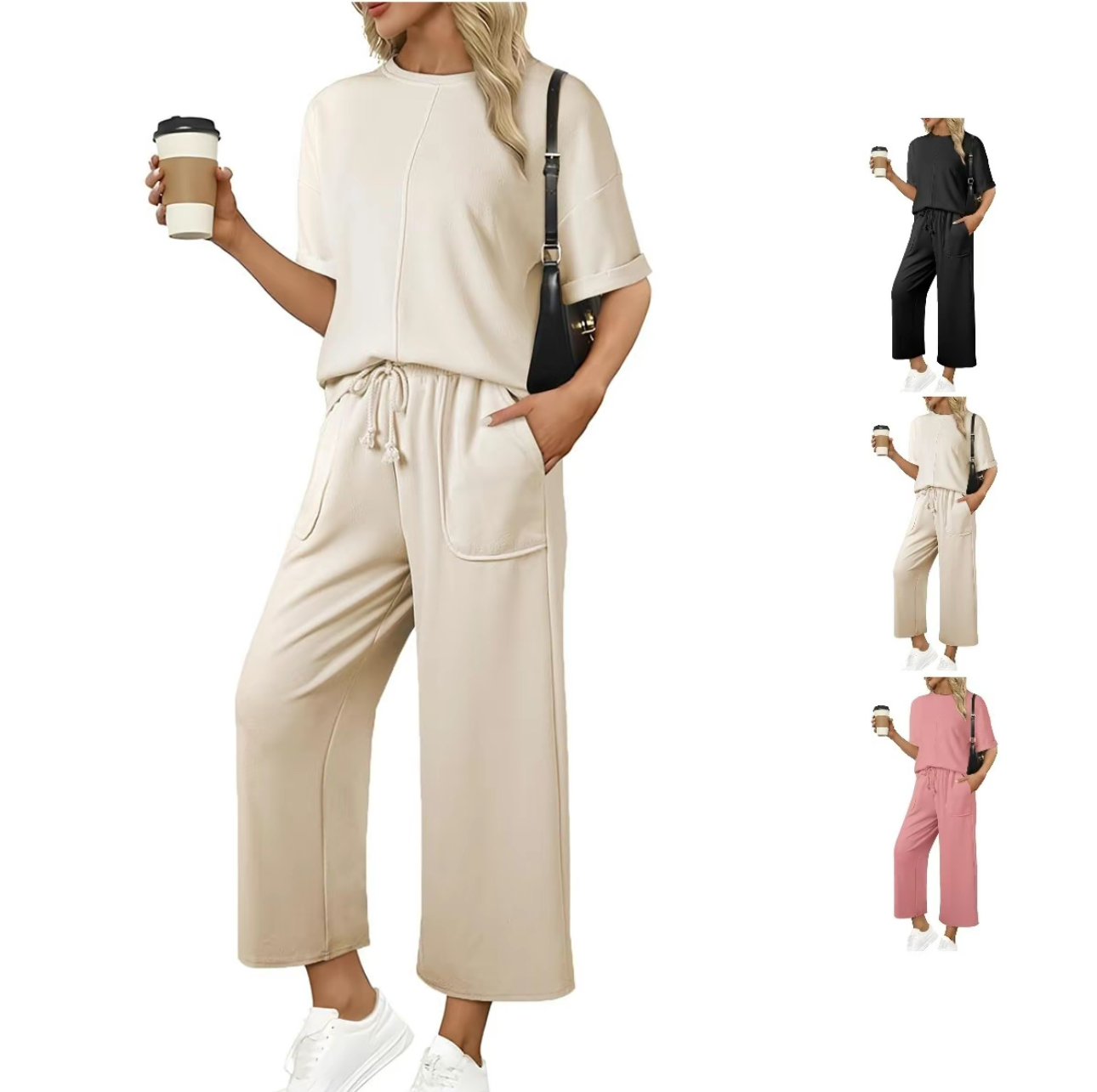 Women's 2-Piece Lounge Set – Oversized Tee & Wide-Leg Pants