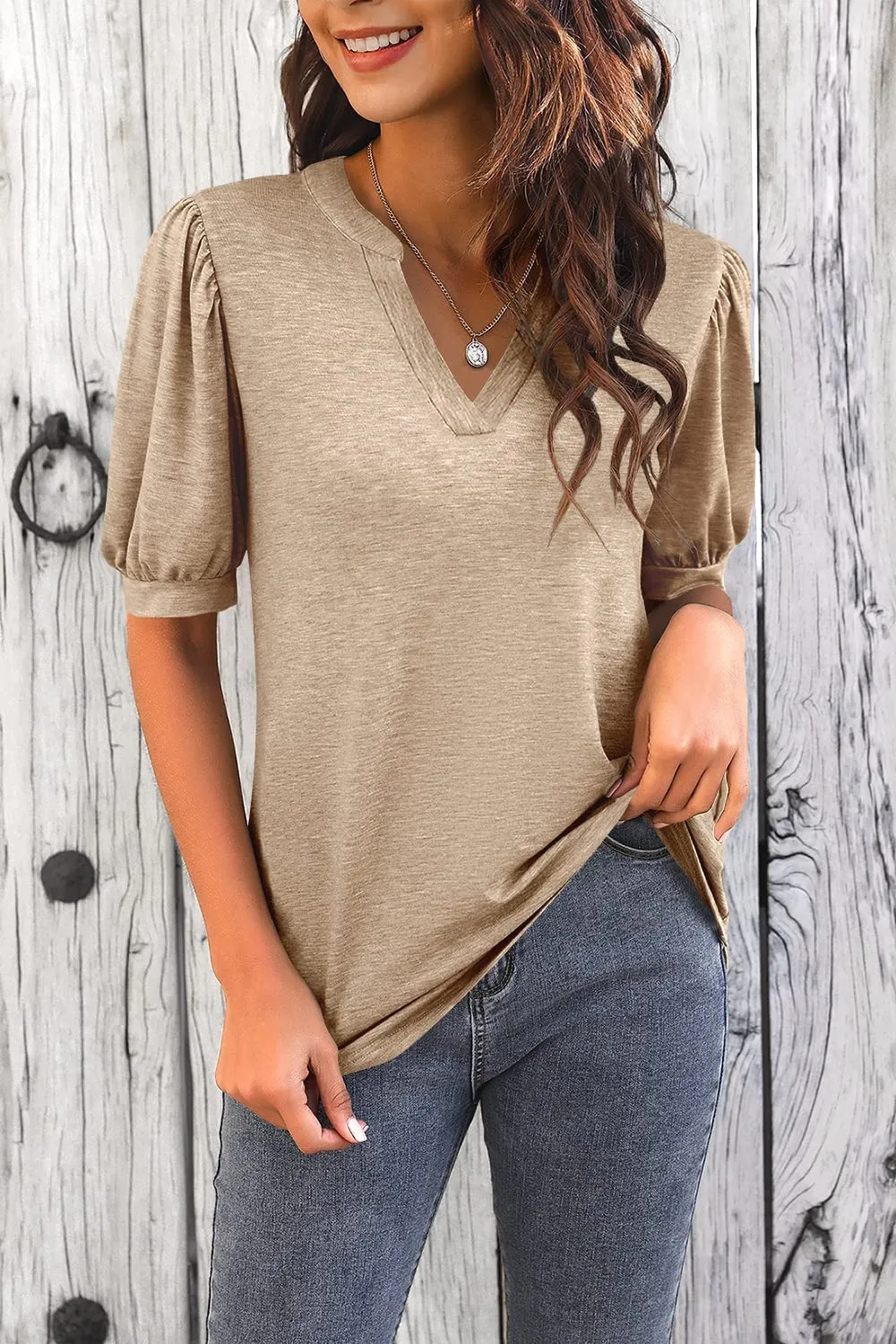🔥🔥🔥🔥Women's Casual V-neck Solid Color Puff Sleeve Loose T-Shirt