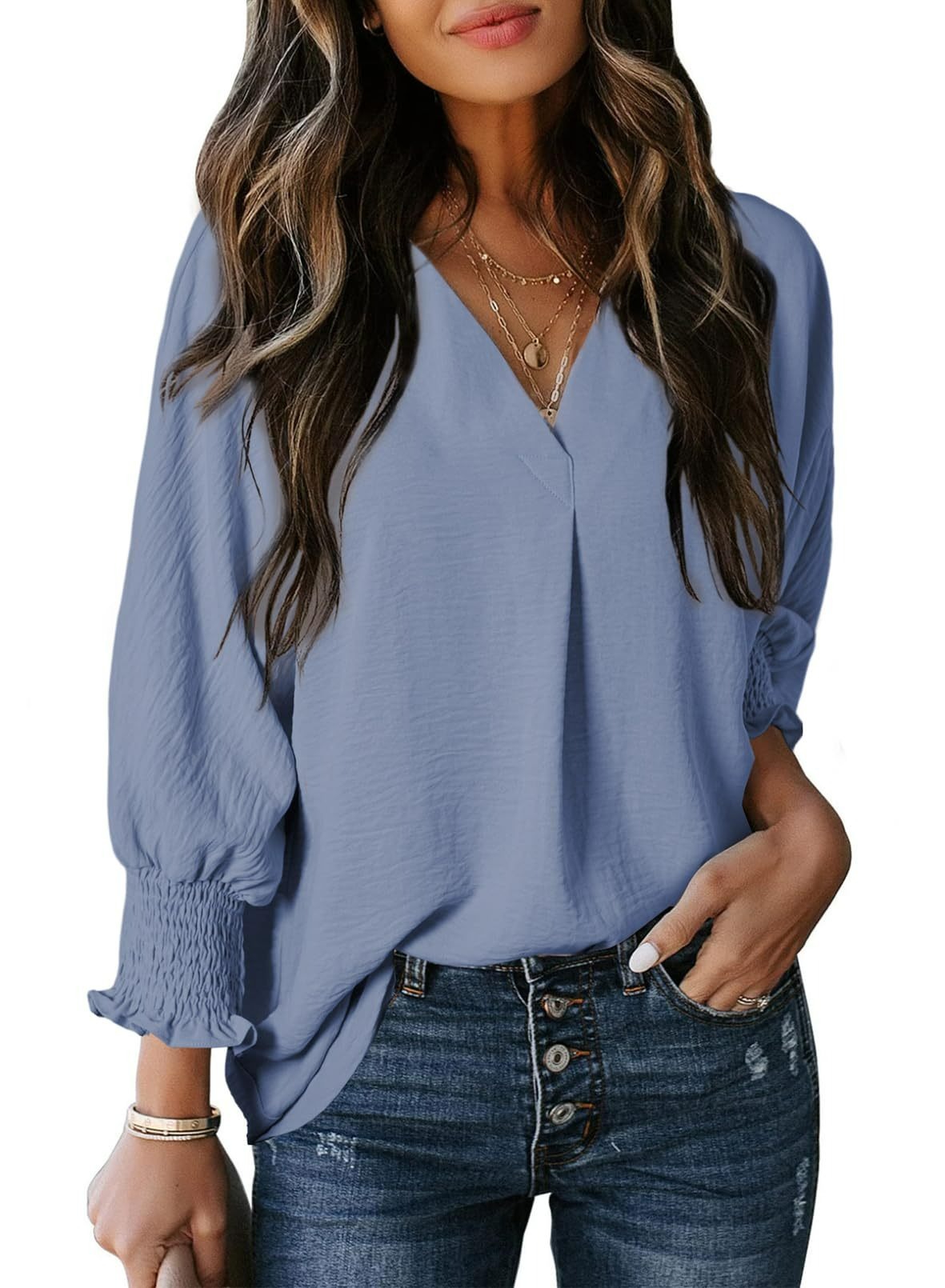 Hot Sale-Womens Casual 3/4 Sleeve V Neck Loose Fit Basic Tees (BUY 2 FREE SHIPPING)