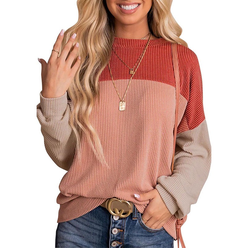 Womens Color Block Long Sleeve Crewneck Knitted Pullover Sweatshirt Tops