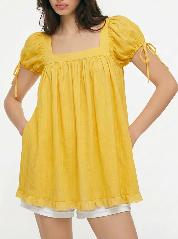 Women's casual square neck ruffle tie short-sleeved shirt（BUY 2 FREE SHIPPING)