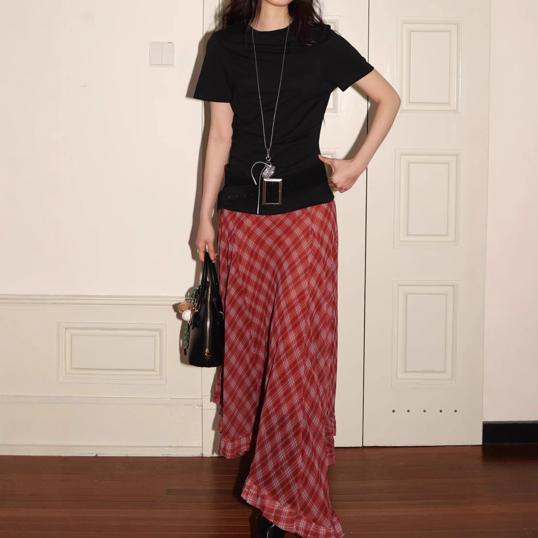 Retro two-tone plaid irregular ruffled hem midi chiffon skirt（BUY 2 FREE SHIPPING)