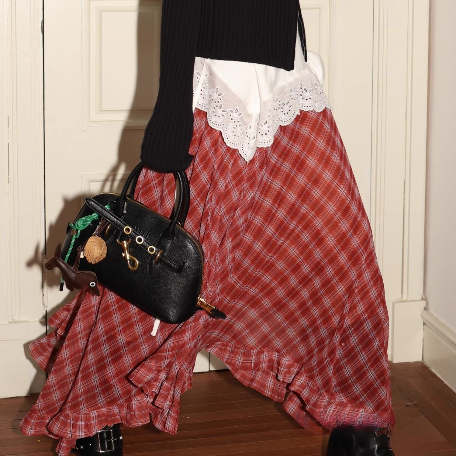 Retro two-tone plaid irregular ruffled hem midi chiffon skirt（BUY 2 FREE SHIPPING)