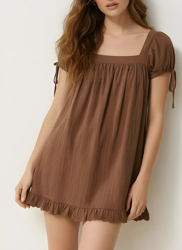 Women's casual square neck ruffle tie short-sleeved shirt（BUY 2 FREE SHIPPING)