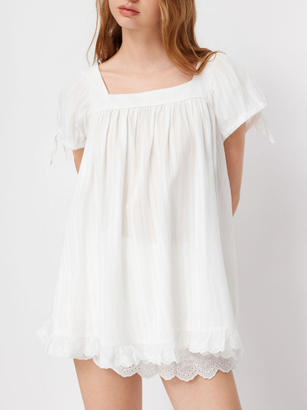 Women's casual square neck ruffle tie short-sleeved shirt（BUY 2 FREE SHIPPING)