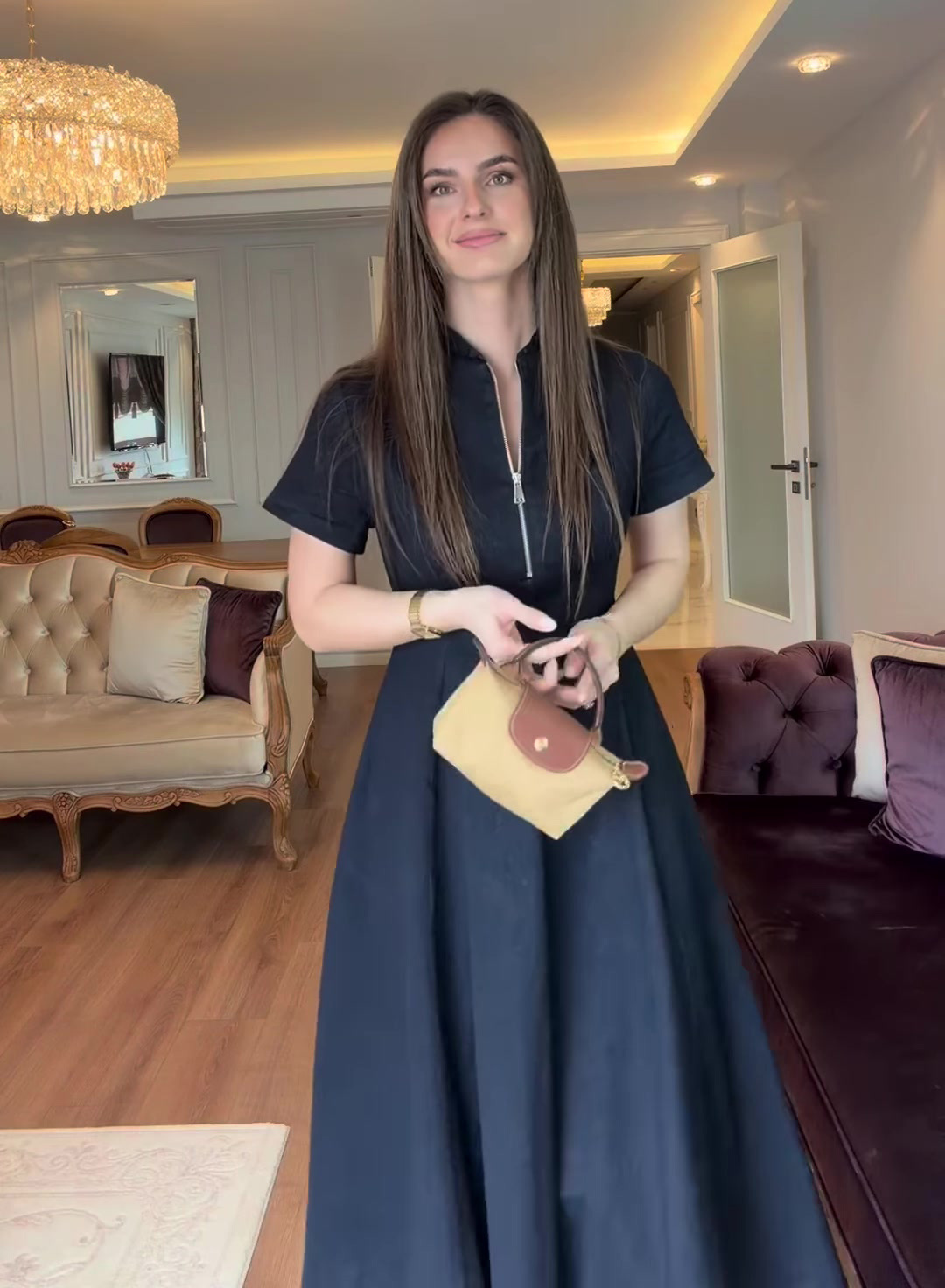 2026 New Style Half-Open Neck Short-Sleeve Slim Waist Full Skirt Dress