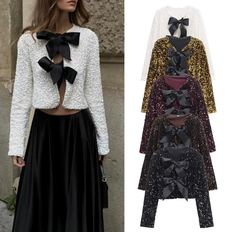 🔥HOT SALE🔥Women's Casual Sequin Jackets Bow Coats Sparkling Holiday Party Y2k Cropped Tops(BUY 2 FREE SHIPPING)