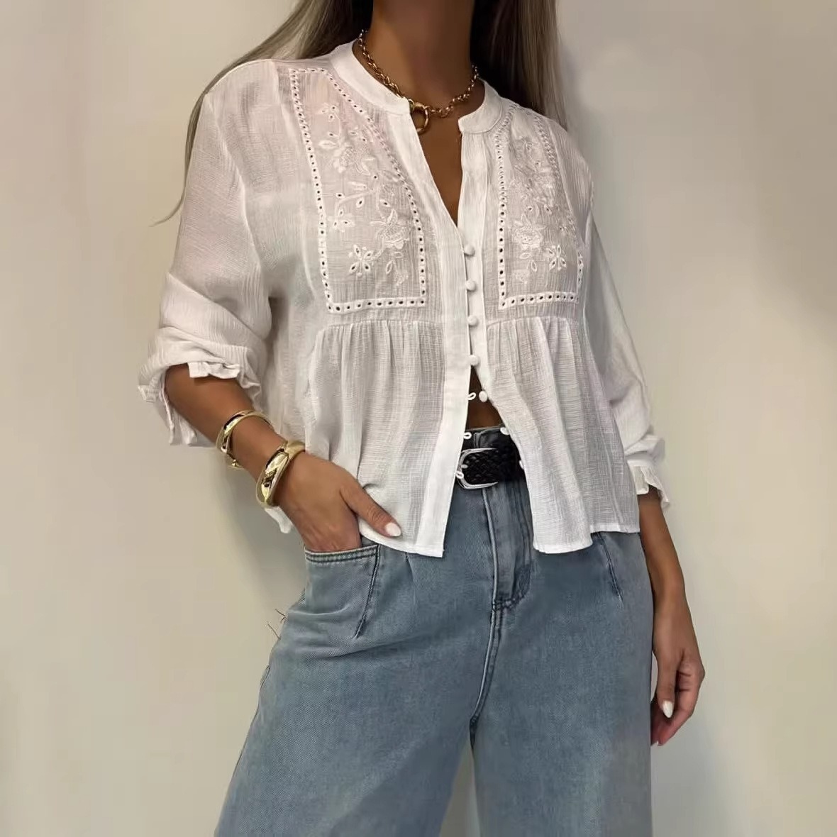 Embroidered Simple Cotton And Linen Shirt