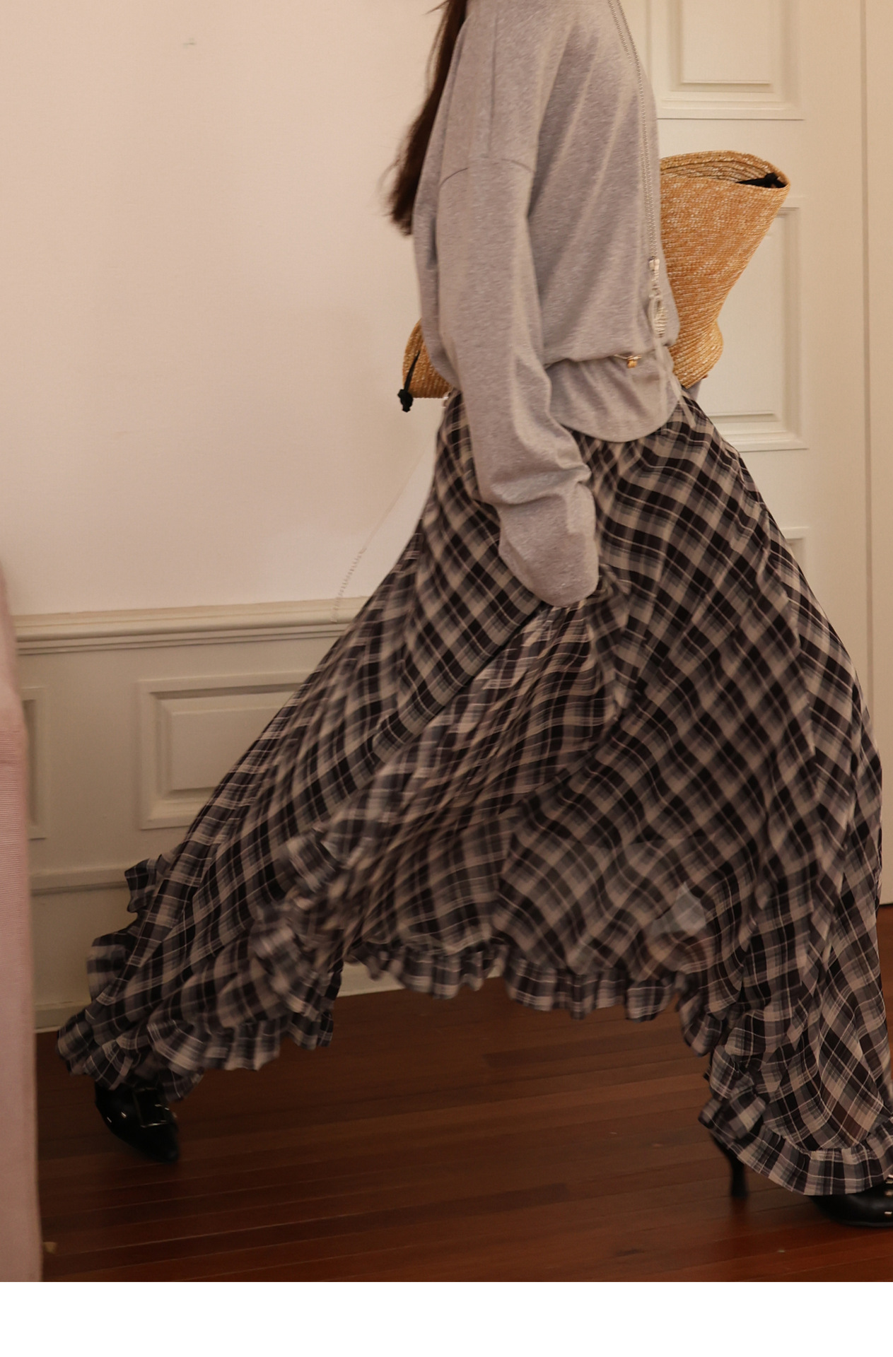 Retro two-tone plaid irregular ruffled hem midi chiffon skirt（BUY 2 FREE SHIPPING)