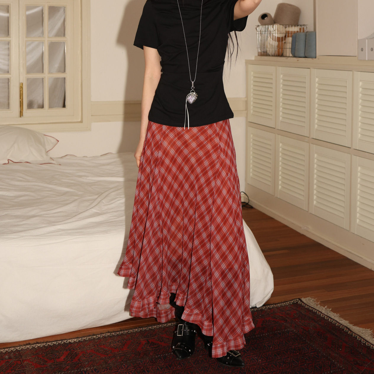 Retro two-tone plaid irregular ruffled hem midi chiffon skirt（BUY 2 FREE SHIPPING)