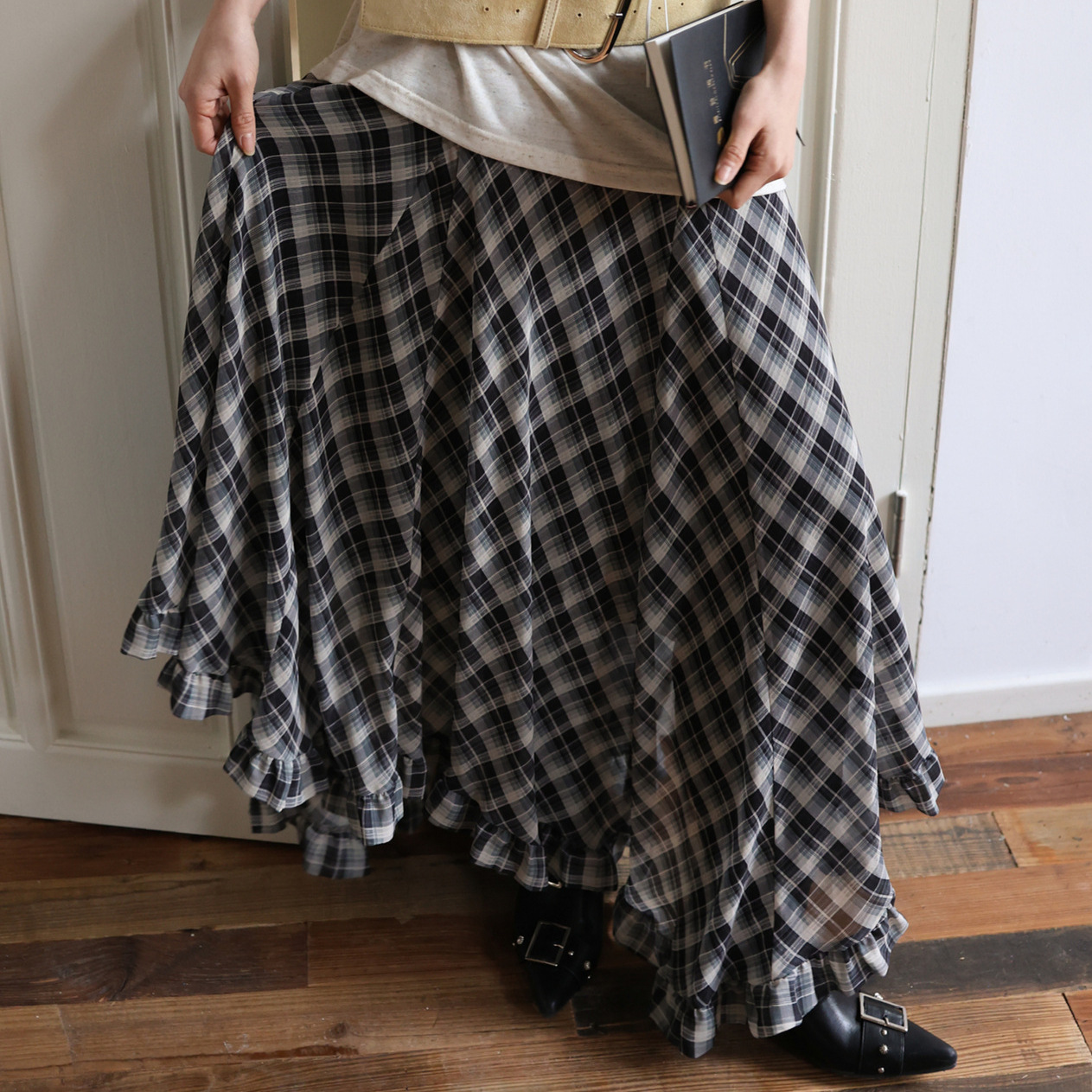 Retro two-tone plaid irregular ruffled hem midi chiffon skirt（BUY 2 FREE SHIPPING)