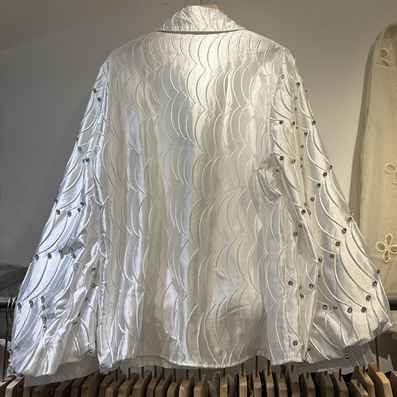 Silk satin textured water ripple pleated loose-fitting rhinestone long-sleeved shirt（BUY 2 FREE SHIPPING)
