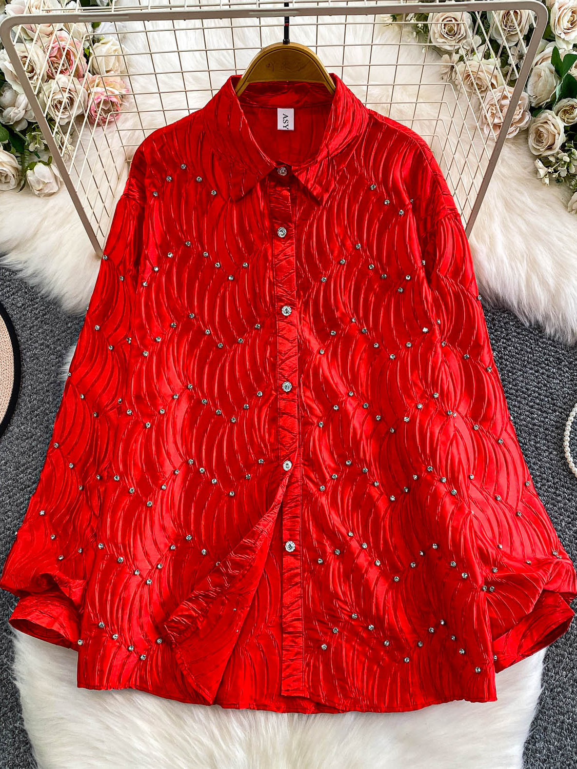 Silk satin textured water ripple pleated loose-fitting rhinestone long-sleeved shirt（BUY 2 FREE SHIPPING)