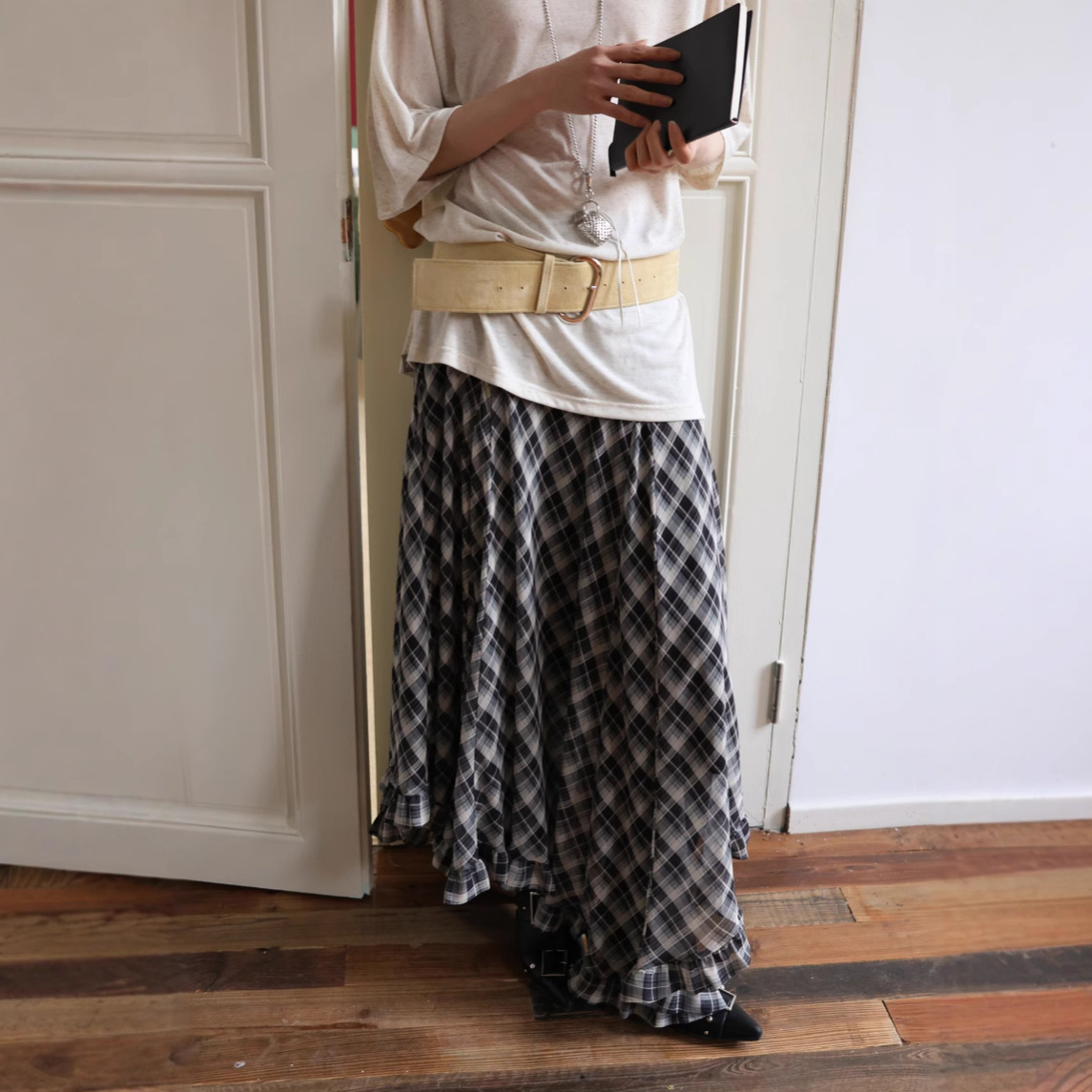 Retro two-tone plaid irregular ruffled hem midi chiffon skirt（BUY 2 FREE SHIPPING)
