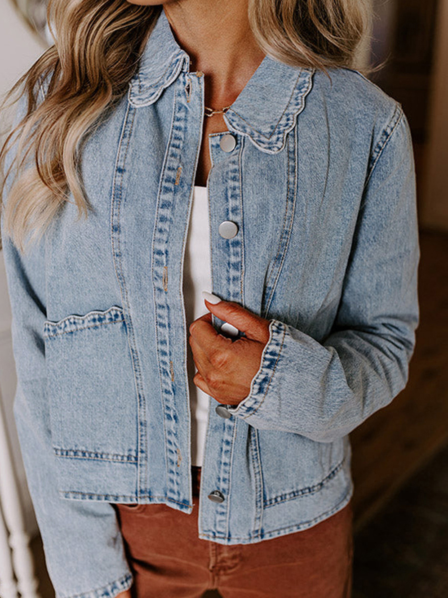 Washed Denim Jacket with Scalloped Edge