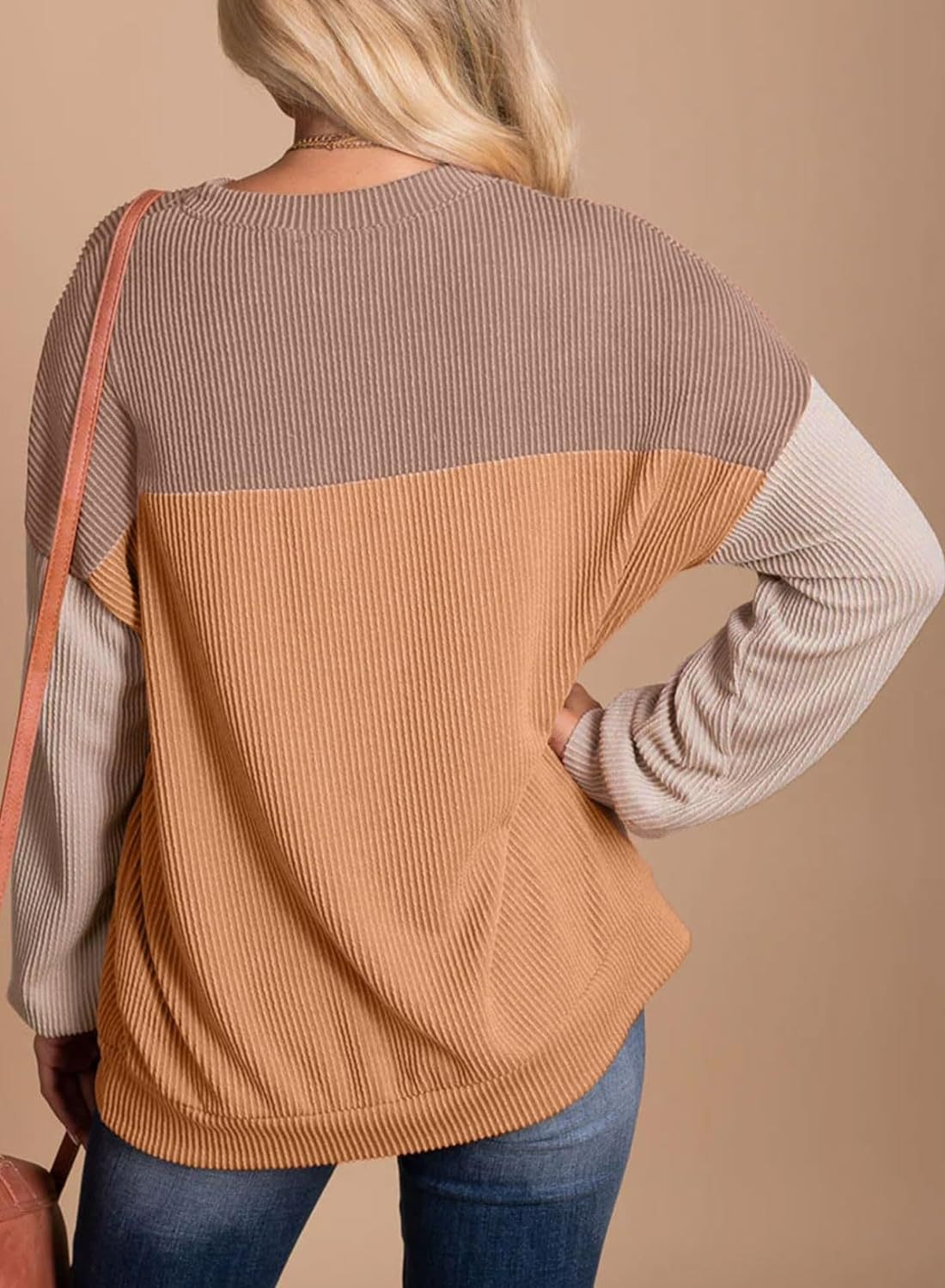 Womens Color Block Long Sleeve Crewneck Knitted Pullover Sweatshirt Tops