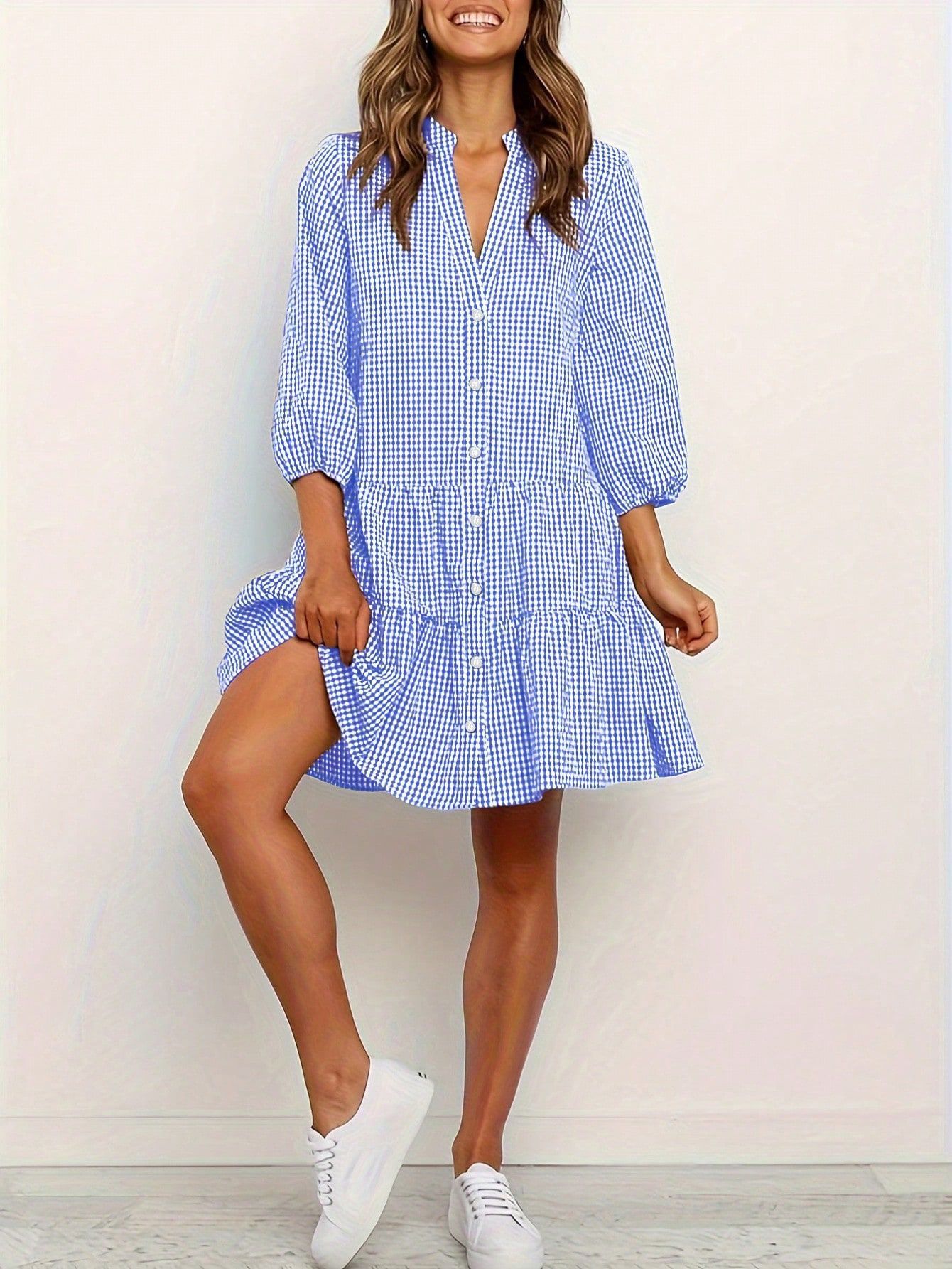 Women's Plaid Shirt Dress 3/4 Puff Sleeve Button Down Midi Dress(BUY 2 FREE SHIPPING)