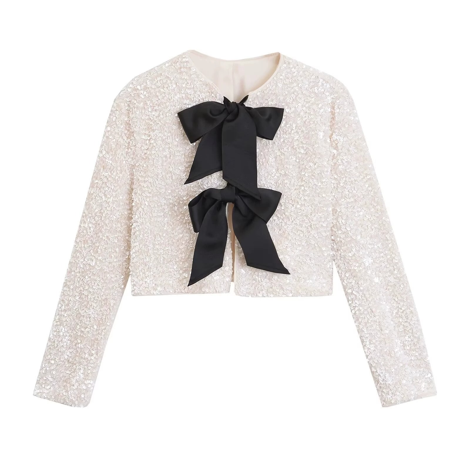 🔥HOT SALE🔥Women's Casual Sequin Jackets Bow Coats Sparkling Holiday Party Y2k Cropped Tops(BUY 2 FREE SHIPPING)