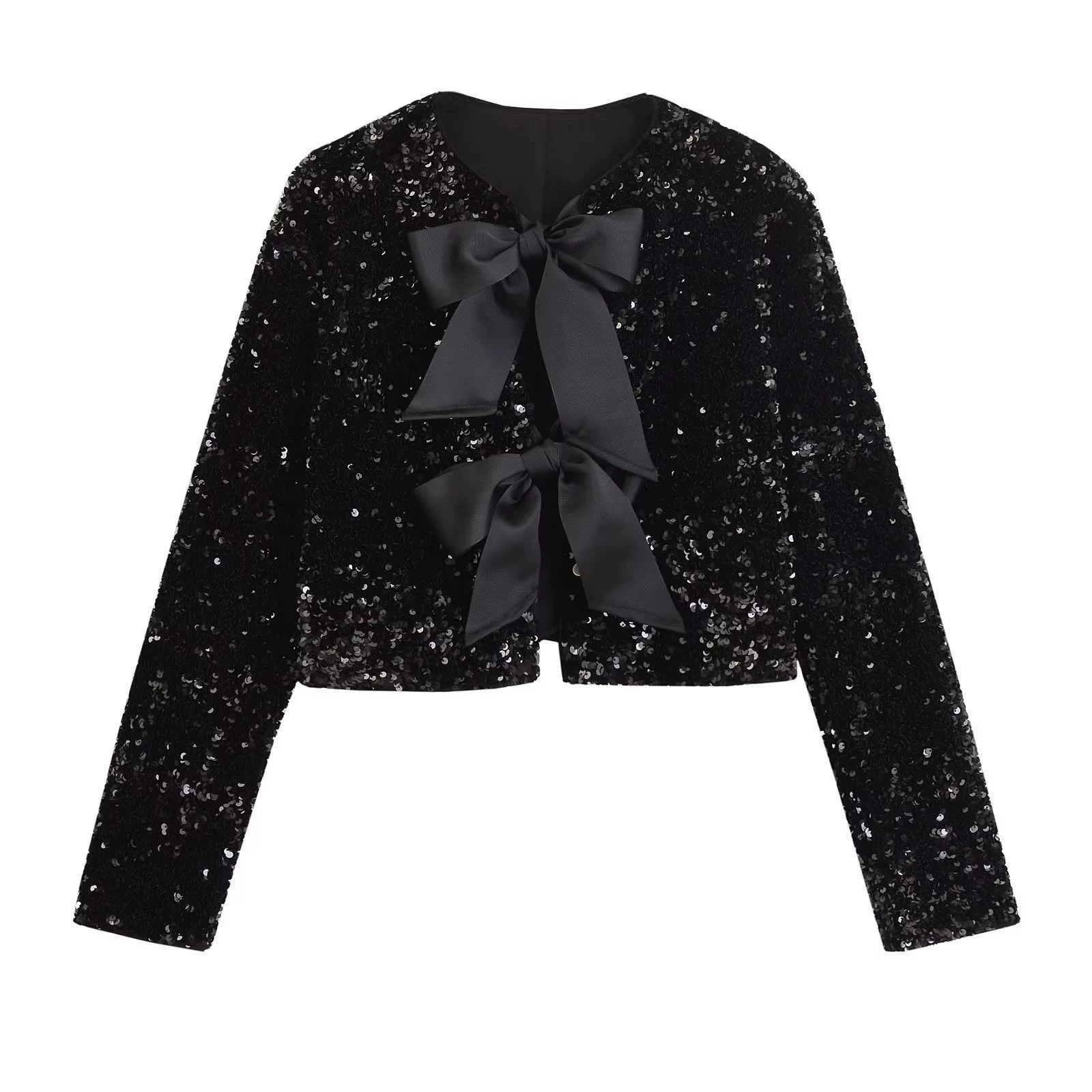 🔥HOT SALE🔥Women's Casual Sequin Jackets Bow Coats Sparkling Holiday Party Y2k Cropped Tops(BUY 2 FREE SHIPPING)