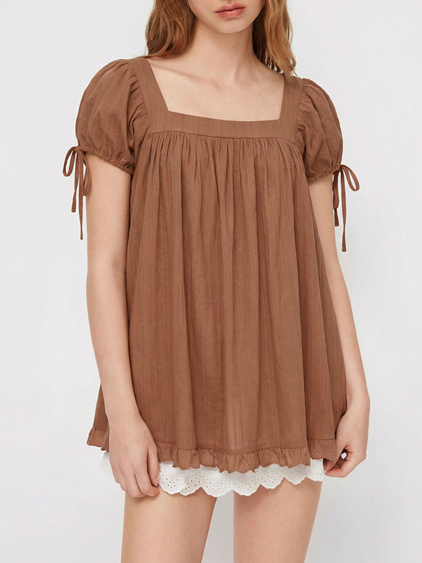 Women's casual square neck ruffle tie short-sleeved shirt（BUY 2 FREE SHIPPING)