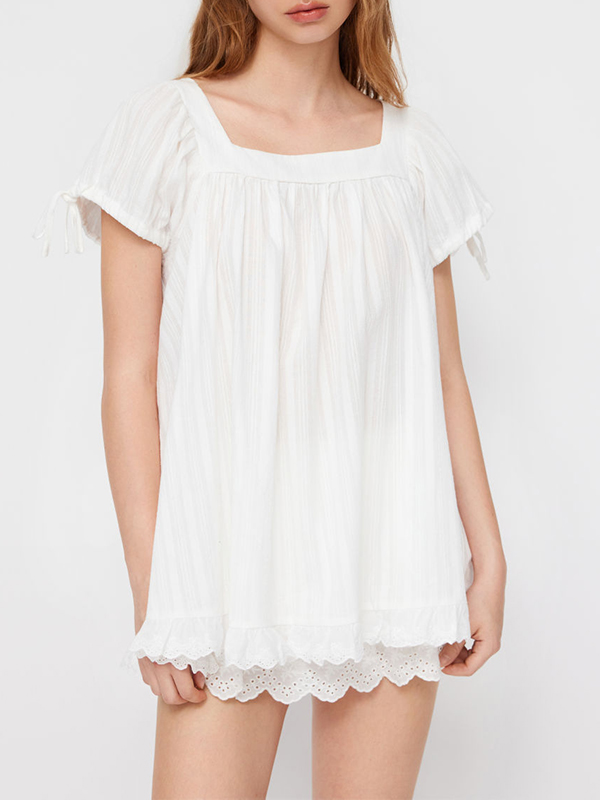 Women's casual square neck ruffle tie short-sleeved shirt（BUY 2 FREE SHIPPING)
